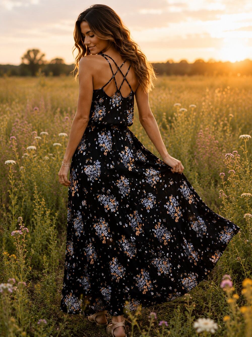 Floral Black Maxi Dress Strappy Racerback Boho Sleeveless Size Small